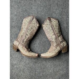 Womens Cowboy Boots Corral Brown Floral Embroidered Leather, Size US 6 M